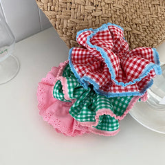 Hot Sale Girls Solid Color Grid Large Hair Ties Ponytail Holder Durable Elastic Fashion Sweet Scrunchies Accessories for Kids