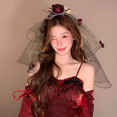 Vintage Dried Rose Flowers Bow Veil Hair Clip for Women Gothic Ghost Bride Hair Accessories Dark Aesthetic Mesh Headpiece