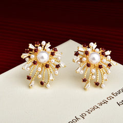 Gold Electroplated Zircon Stud Earrings Engraved Fireworks Imitation Pearl Ear Studs Fashion Exquisite Earring Jewelry for Women