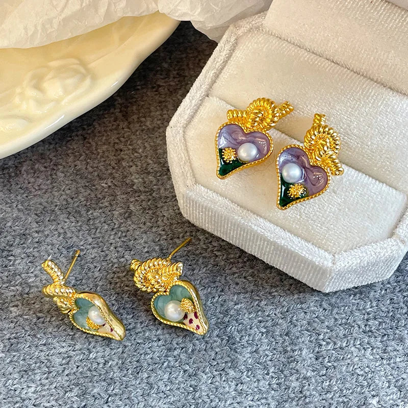 Women Green Purple Heart Shape 18k Gold-plated Pearl S925 Silver Stud Earring Vintage Elegant Low MOQ in Stock Jewelry for Daily