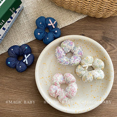 Kids Blue White Flower Print Small Scrunchies Ponytail Holder High Elastic Fashion Hair Ties Accessories for Children Daily Use