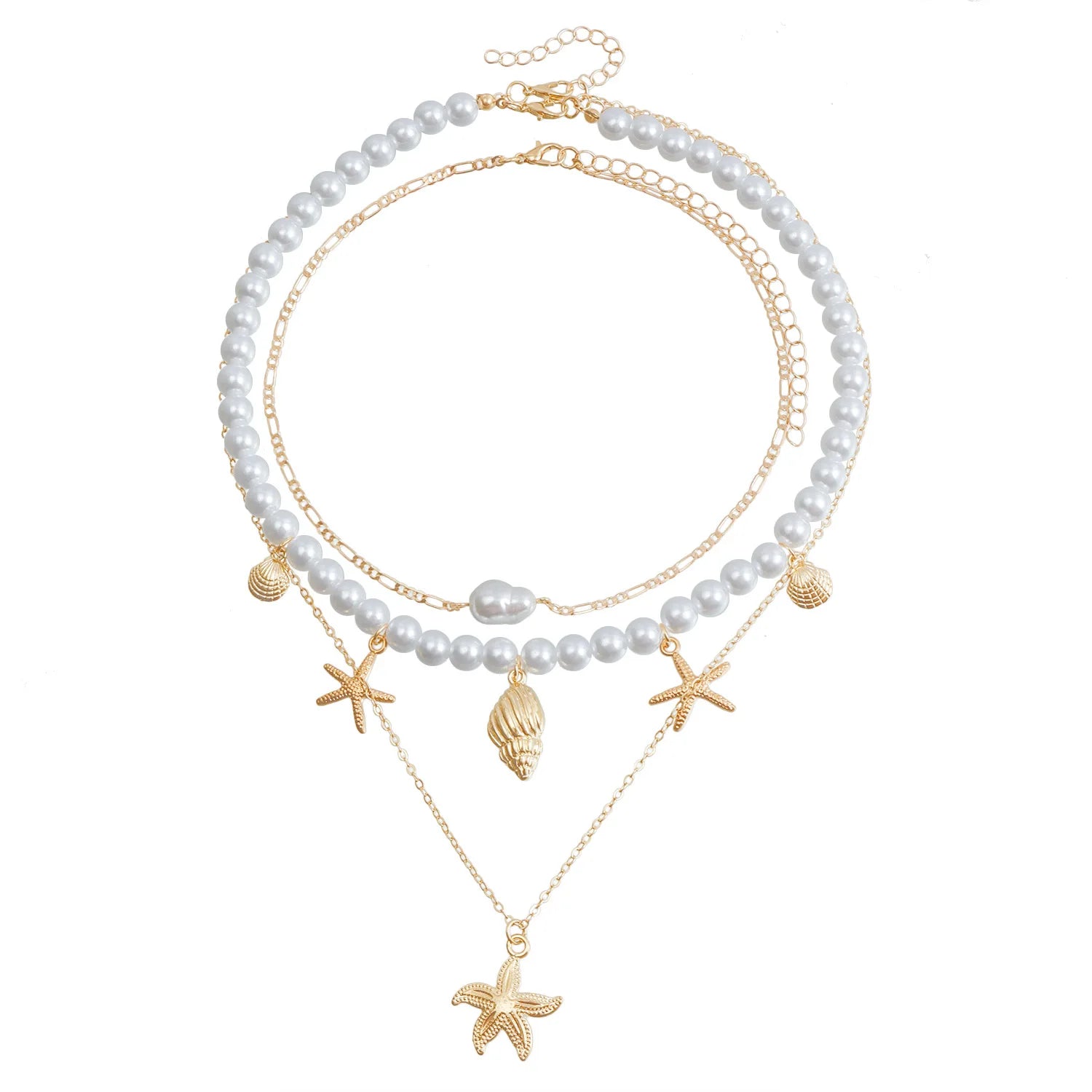 Fashion Imitation Pearl Ocean Star Layered Wearing Necklaces for Girls Sweet Elegant Dainty Jewelry for Women Ladies Accessories