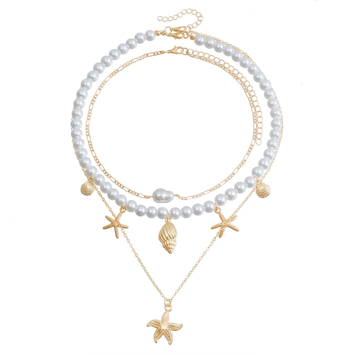 Fashion Imitation Pearl Ocean Star Layered Wearing Necklaces for Girls Sweet Elegant Dainty Jewelry for Women Ladies Accessories