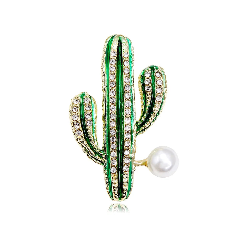 Fashion Glitter Imitation Pearl Cactus Brooches for Girls Trendy Stylish Plants Jewelry for Women Ladies Accessories Wholesale