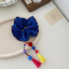 Girls Tassels Balls Decorative Solid Color Large Hair Ties Sweet Ethnic Fashion Ponytail Holder Scrunchies Accessories for Kids