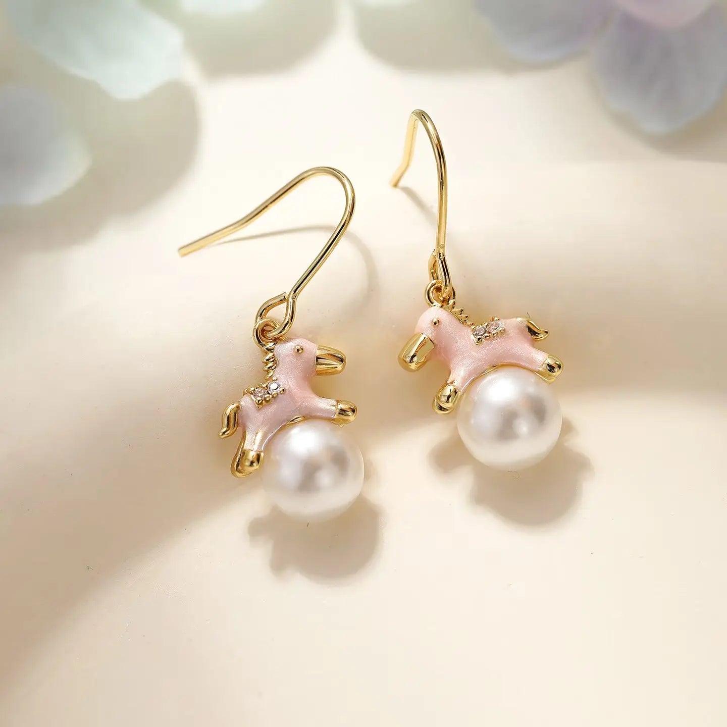 Fashion Sweet Imitation Pearl Animals Horses Drop Earrings for Girls New Year Pink Jewelry for Women Ladies Accessories Chic