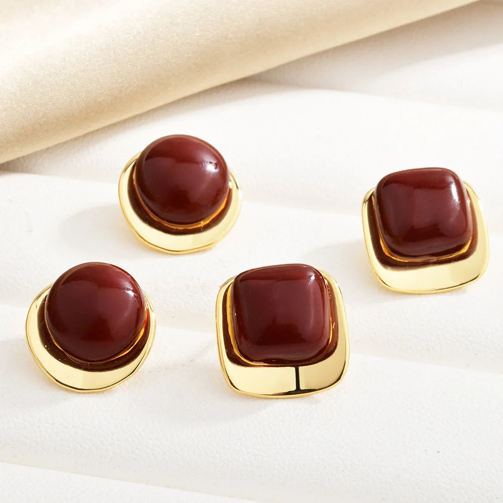 Vintage Burgundy Enamel Stud Earrings Gold Plated Geometric Square Round Minimalist Elegant French Style Ear Jewelry Women Bulk