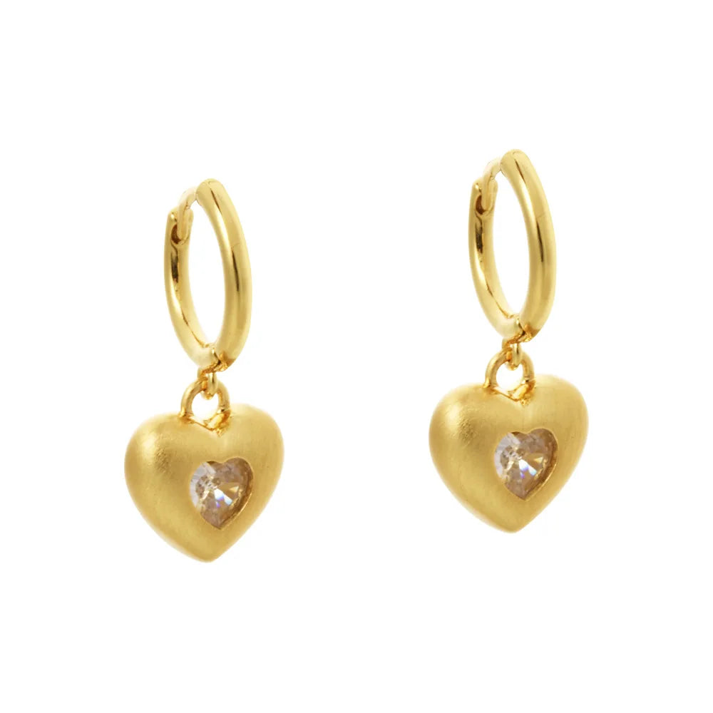 French-style Cute Zirconium-inlaid Hoop Earrings Gold Brushed Round Square Heart-shaped Small Ear Buckles Elegant Accessories