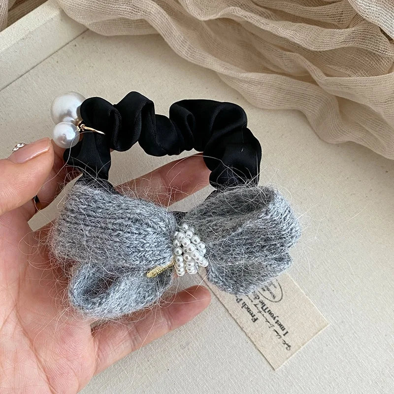 Elegant French Style Imitation Pearl Bowknot Scrunchies for Girls Sweet Cute Hair Ties for Women Ladies Hair Accessories Chic