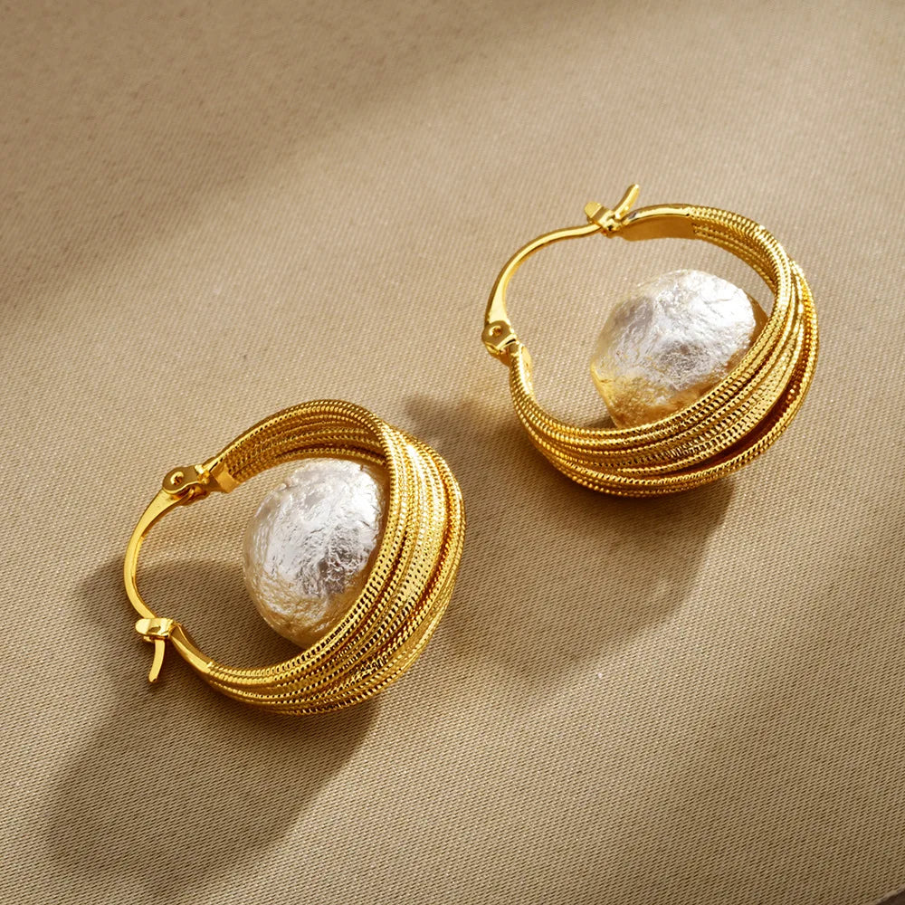 Female Unique Trendy Earrings Retro Hemp Pattern Earclips High-end Beads and Imitation Pearl Elegant Fashion Earrings Jewelry