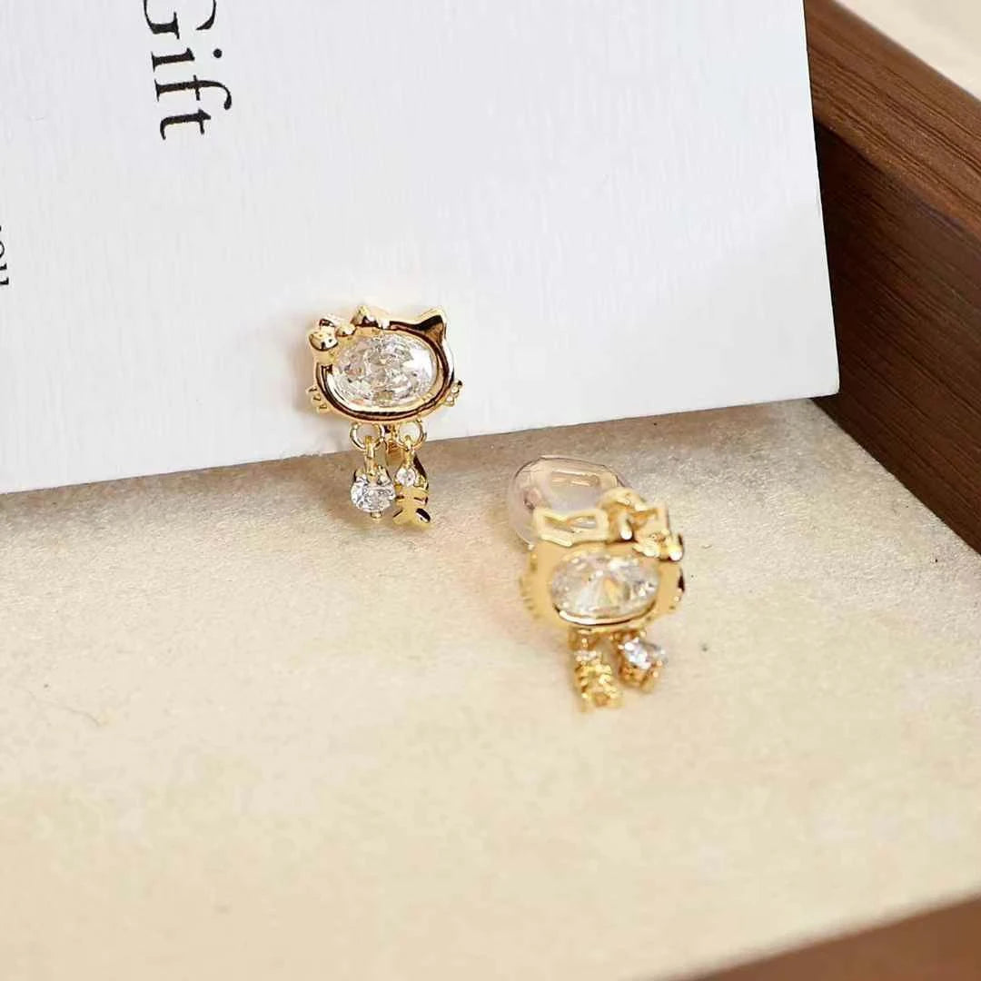 Girly Aesthetic Cat Fish Animals Element Rhinestone Small Clip-on Earring Fashion Sparking Glitter Cute Wholesale Daily Jewelry
