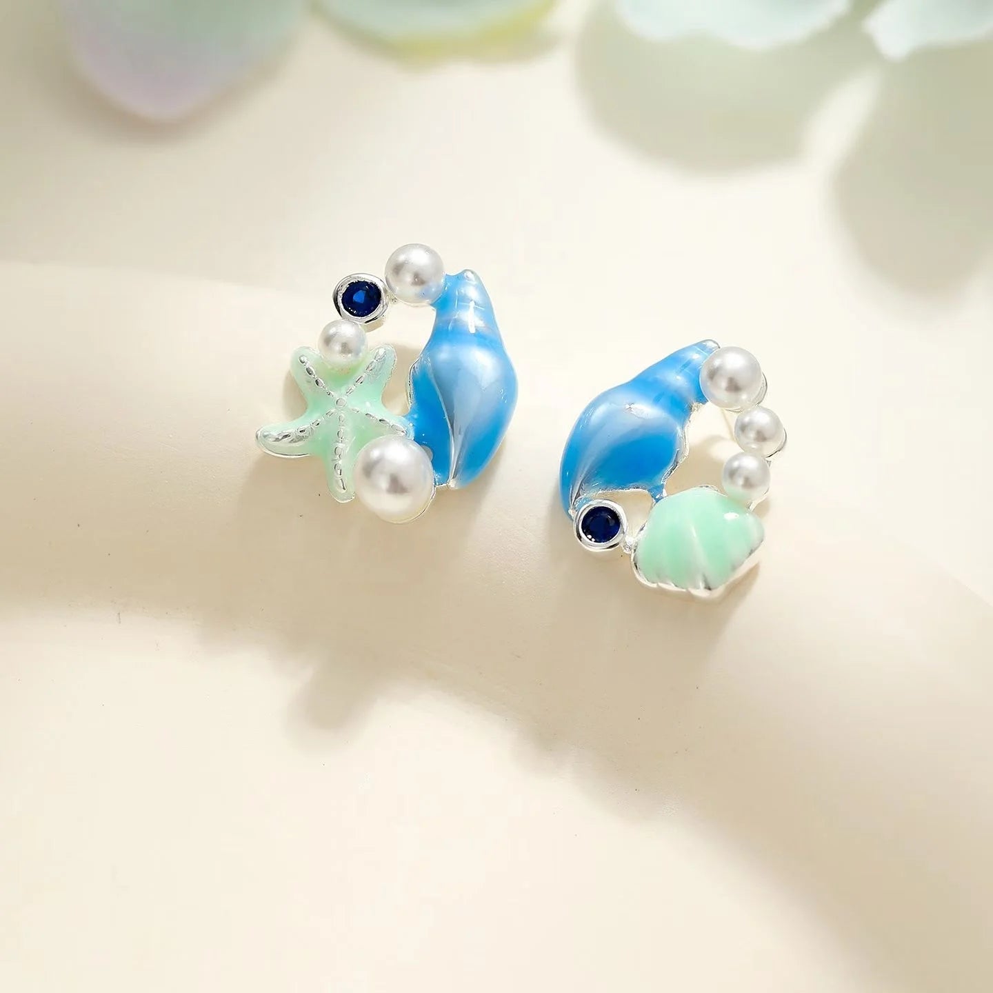 Copper Alloy Blue Sweet Stud Earrings with Starfish Conch Shell Pearl Earrings Light Fashion Ear Stud Wholesale Women's Jewelry
