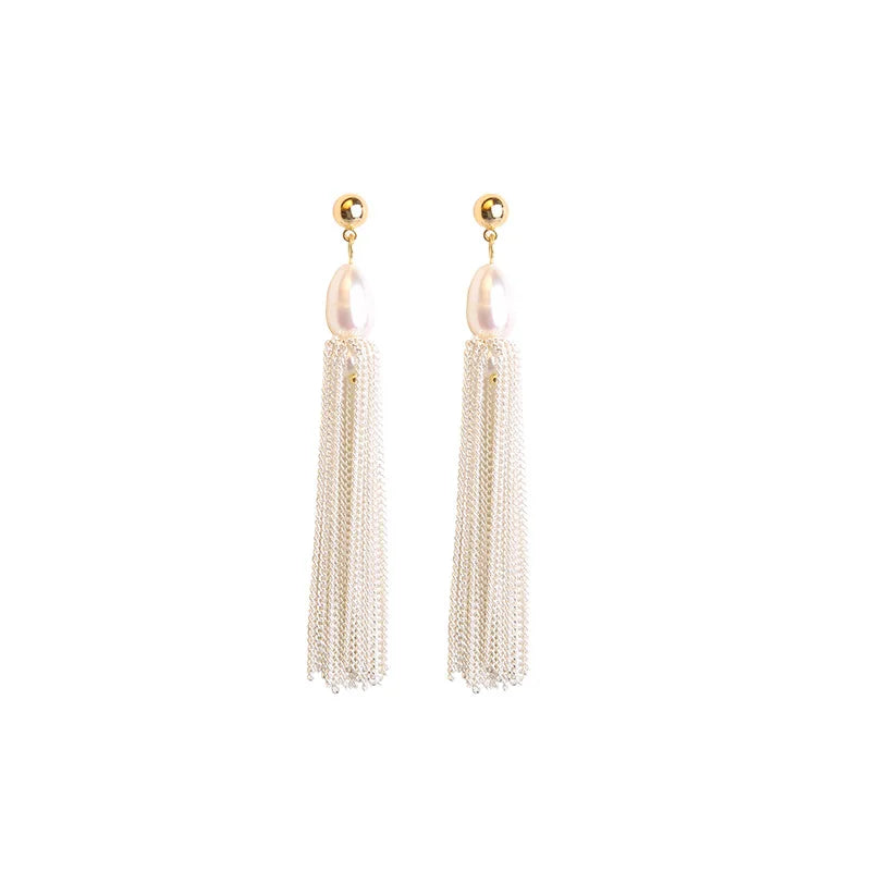 Baroque Retro Pearl Long-chain Fringed Stud Earrings Tassel Sweet Elegant Ear Stud Stylish High-end Earrings Jewelry for Women