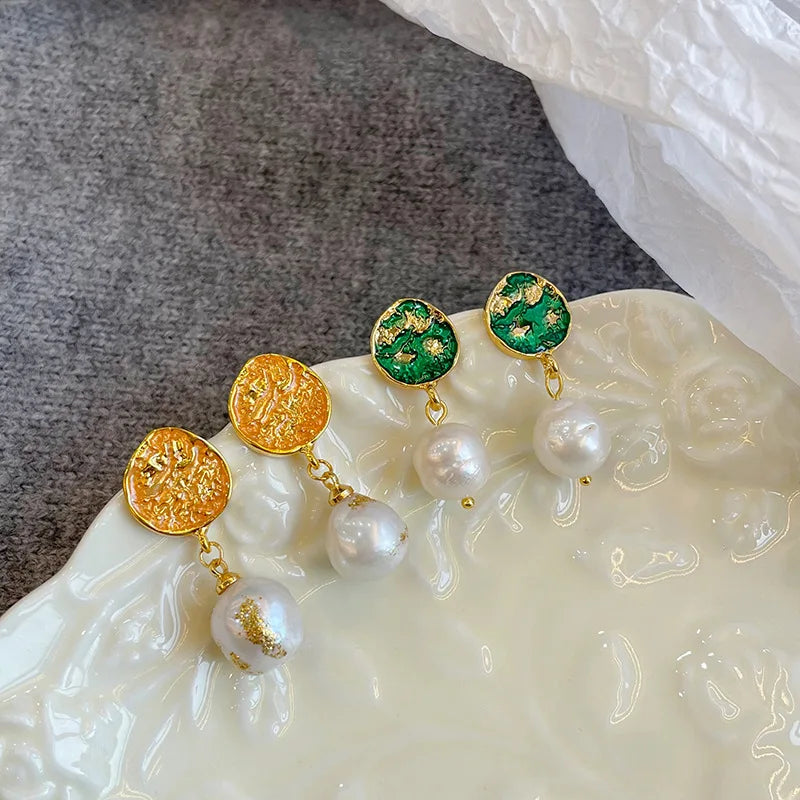Ladies Green Yellow Baroque Pearl S925 Silver Drop Earring Elegant Vintage Trendy Low MOQ in Stock Jewelry for Women Causal