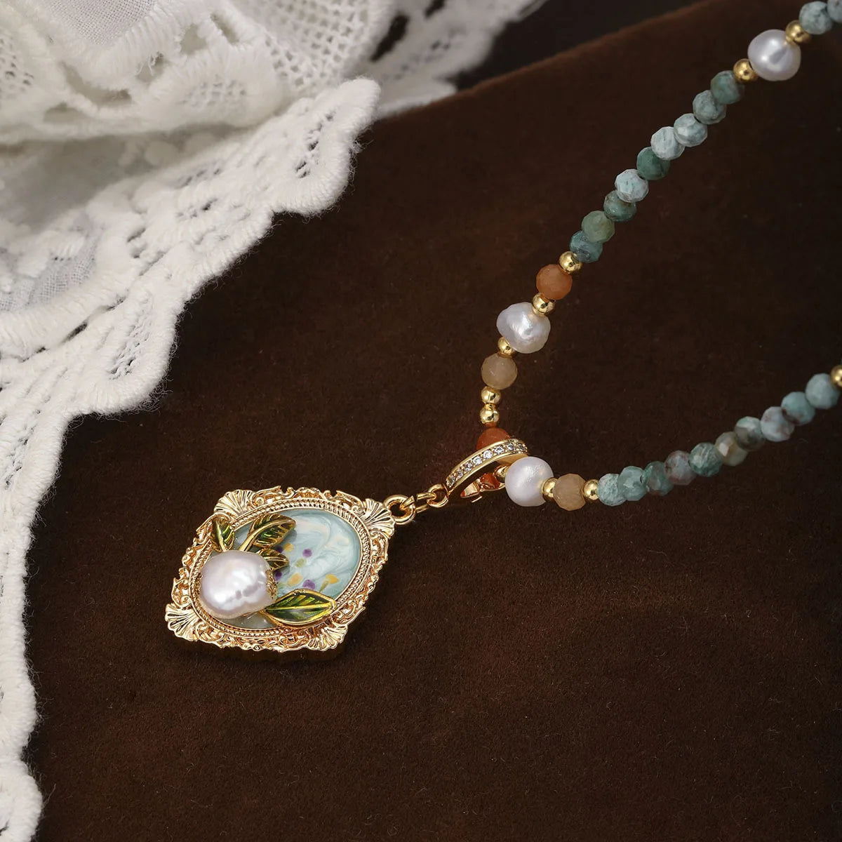 Women Elegant Freshwater Pearl Zircon African Turquoise Jasper Drip Glaze Hand-Painted Necklace Low MOQ Jewelry for Daily Causal