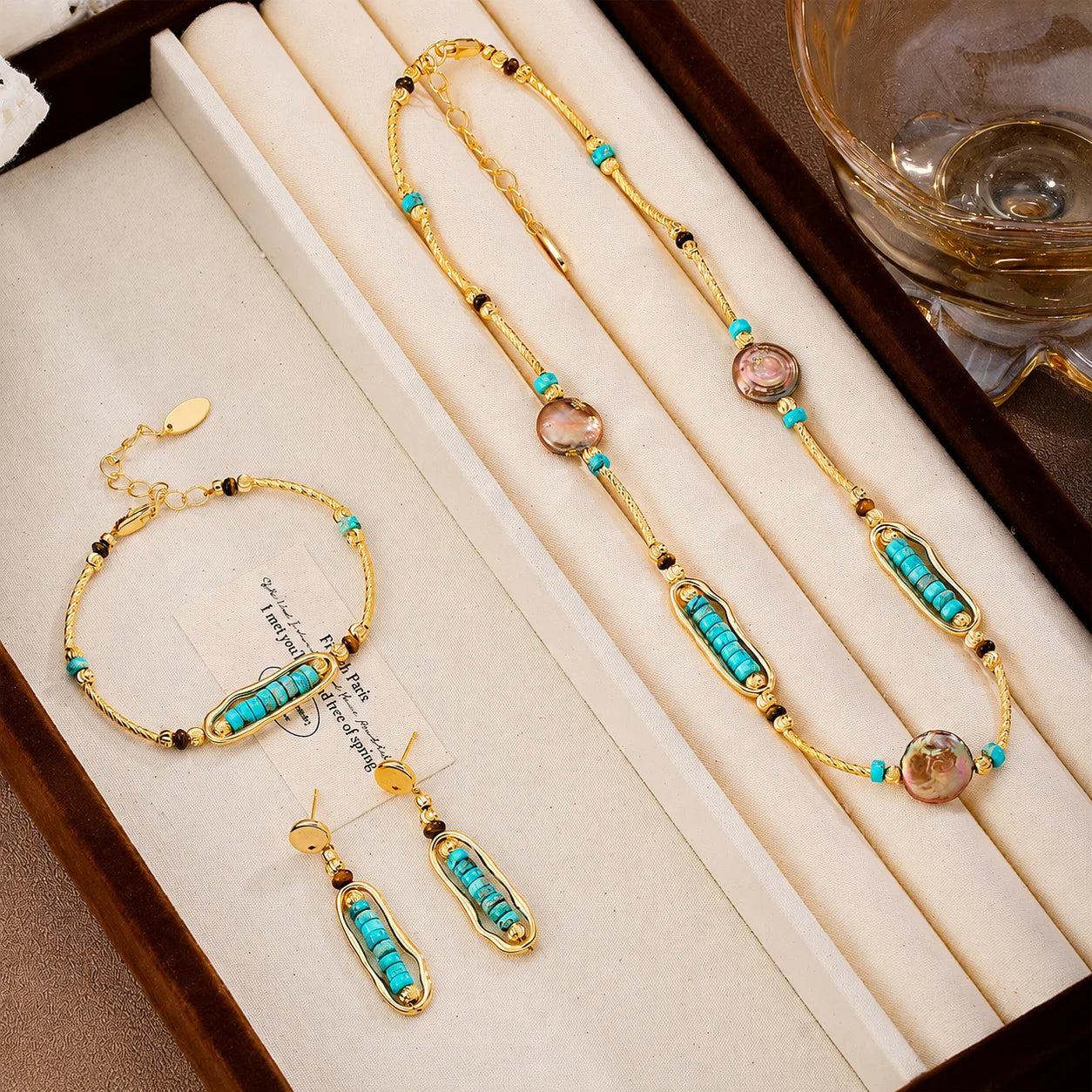 Fashion Baroque Pearl Turquoise Tiger Eye Stone 18K Gold Plated Jewelry Sets for Girls Necklaces Bracelets for Women Ladies