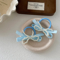 Girls Solid Color Imitation Pearl Bowknot Small Scrunchies Ponytail Holder Sweet Fashion in Stock Hair Ties Accessories for Kids