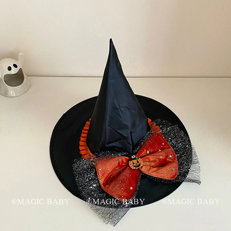 Halloween Witch Hat Pumpkin Bow Rose Elegant Gothic Headwear for Baby Girls Spooky Party Costume Accessories Vintage Style Decor
