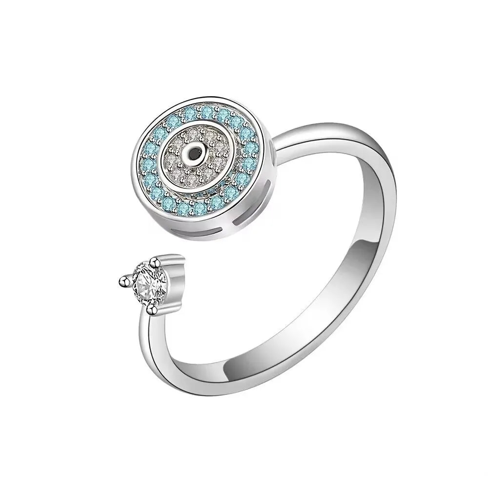 Women Evil's Eye Open Rings Adjustable Flower Rotating Ring with Cubic Zirconia Fashion Elegant Jewelry Gift Accessory Wholesale