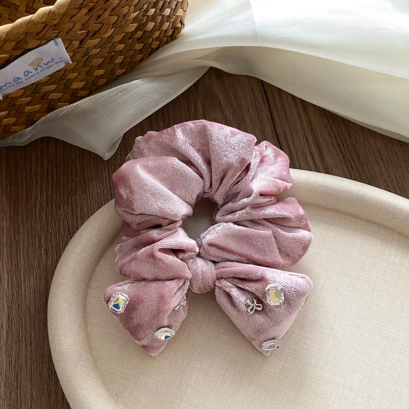 Simple Solid Color Glitter Bowknot Scrunchies for Baby Girls Elegant Velvet Luxurious Hair Ties for Kids Child Hair Accessories