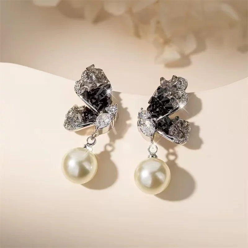 Elegant Butterfly Imitation Pearl Flower Rhinestone Drop Earrings for Girls Fashion Jewelry for Women Ladies Accessories Latest