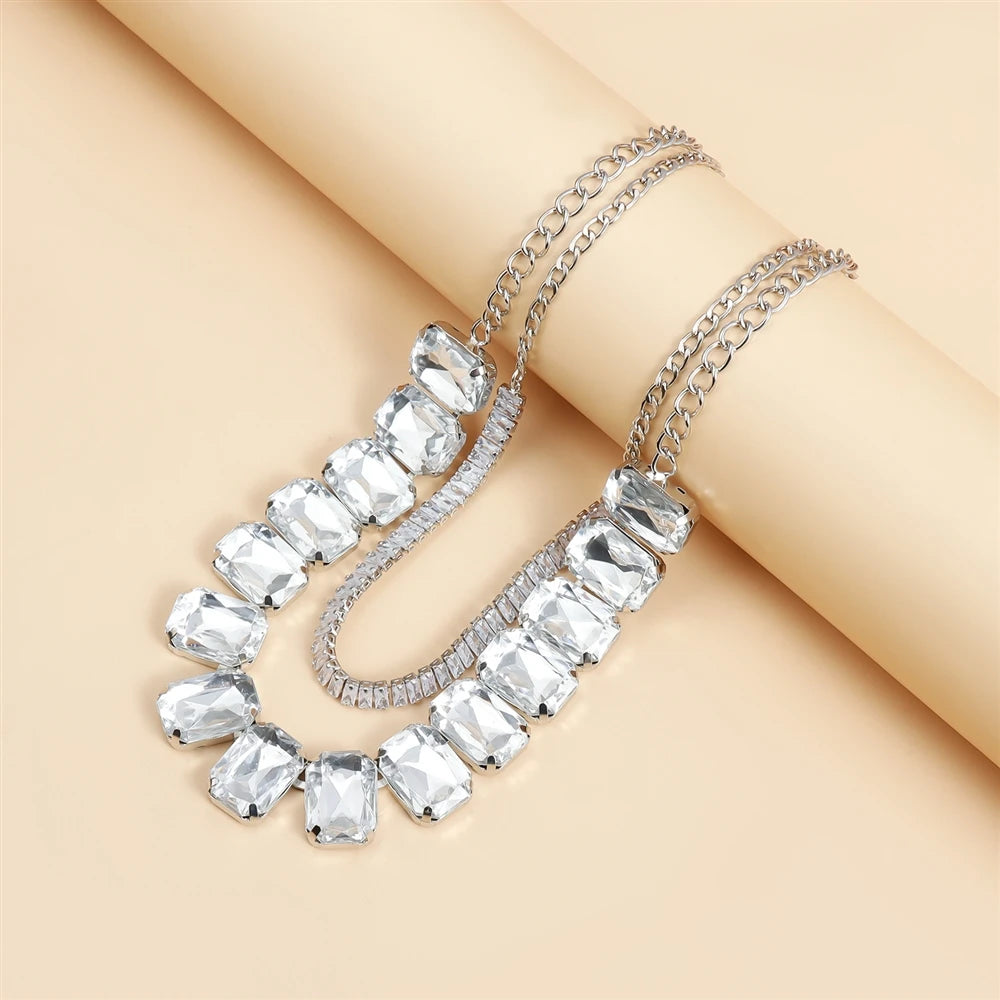 Fashion Glitter Rhinestone Necklaces for Girls Layered Wearing Elegant Glamorous Jewelry Sets Suits for Women Ladies Accessories