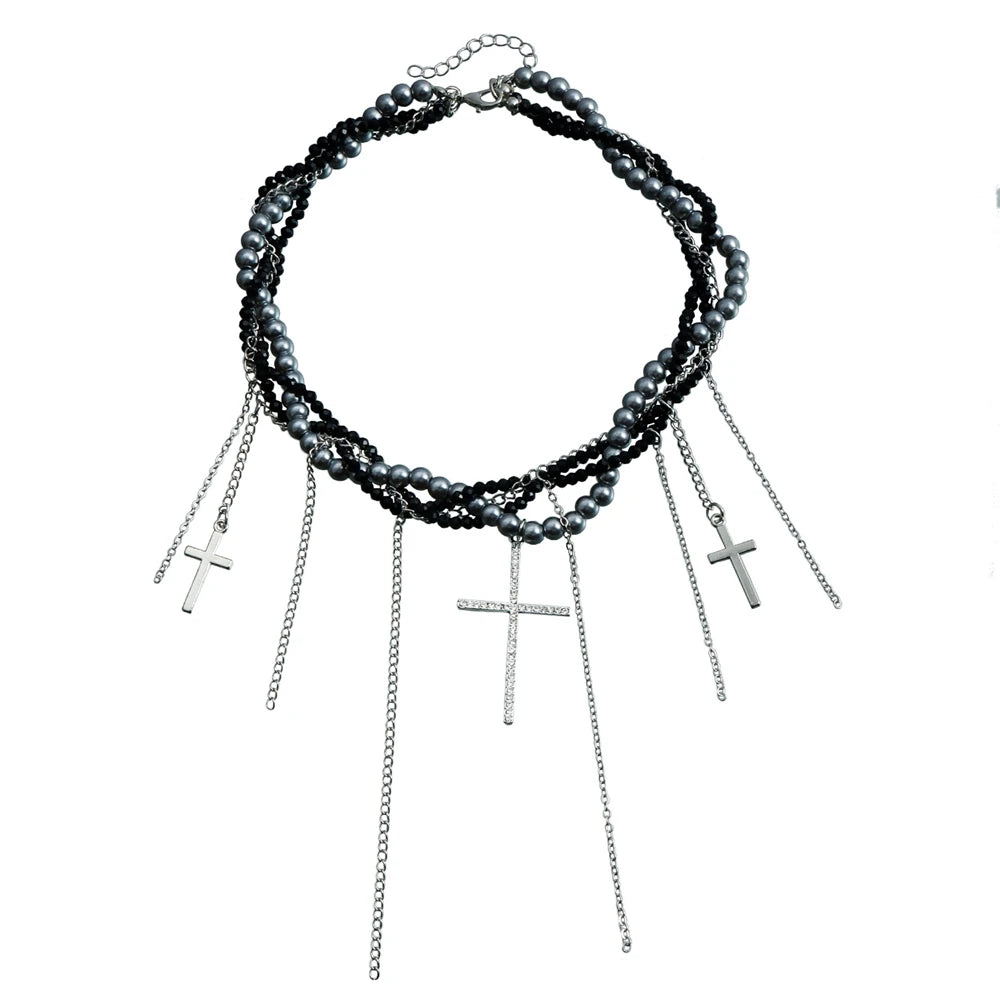 Fashion Beads Layered Wearing Cross Gothic Necklaces for Girls Sweet Spicy Trendy Jewelry for Women Ladies Accessories Wholesale