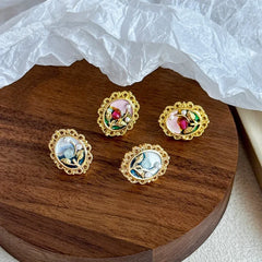 Women S925 Silver 18k Gold-plated Natural Stone Hand-Painted Drip Glaze Stud Earring Elegant Fashion Jewelry for Female Daily