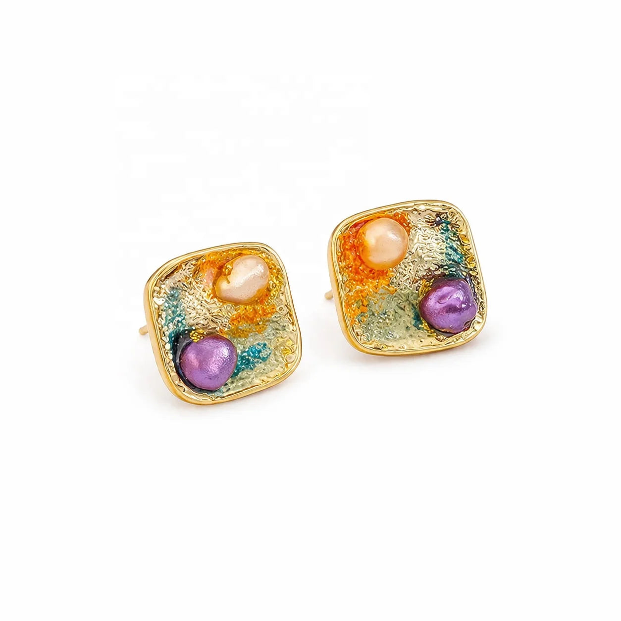 Women Flower Drip Glaze Hand-Painted Freshwater Pearl 18k Gold-plated S925 Silver Stud Earring Low MOQ in Stock Daily Jewelry