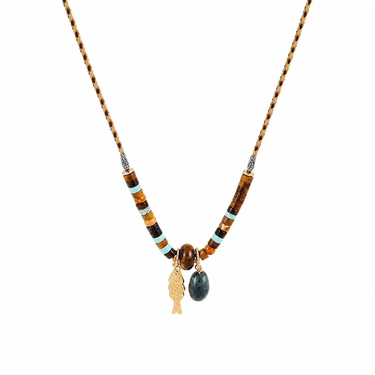 Unisex Tiger Eye Stone Braided Rope Golden Thread Blue Turquoise Necklace Fashion Trendy Factory Price in Stock Daily Jewelry