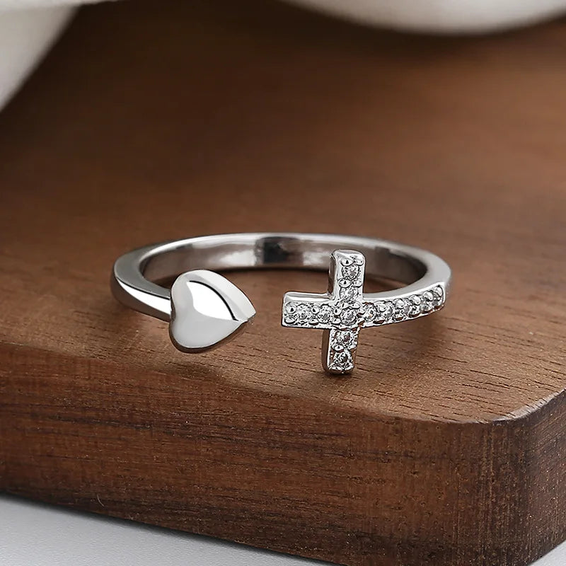 Zircon-encrusted Cross Heart-shaped Opening Rings for Women Couple Simple Rings Unisex in Stock Jewelry Accessories Wholesale