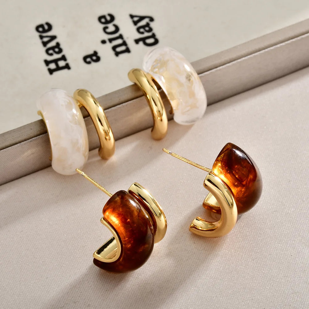 Retro Resin Chunky Hoop Earrings Women Copper Gold-plated Geometric Stud Earrings Fashion Jewelry Vintage Style Gift Wholesale