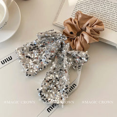 European Trendy Vintage Women's Hair Scrunchy Glitter Bows Hair Ribbon with High Elastic Elegant Daily Use Hair Accessory