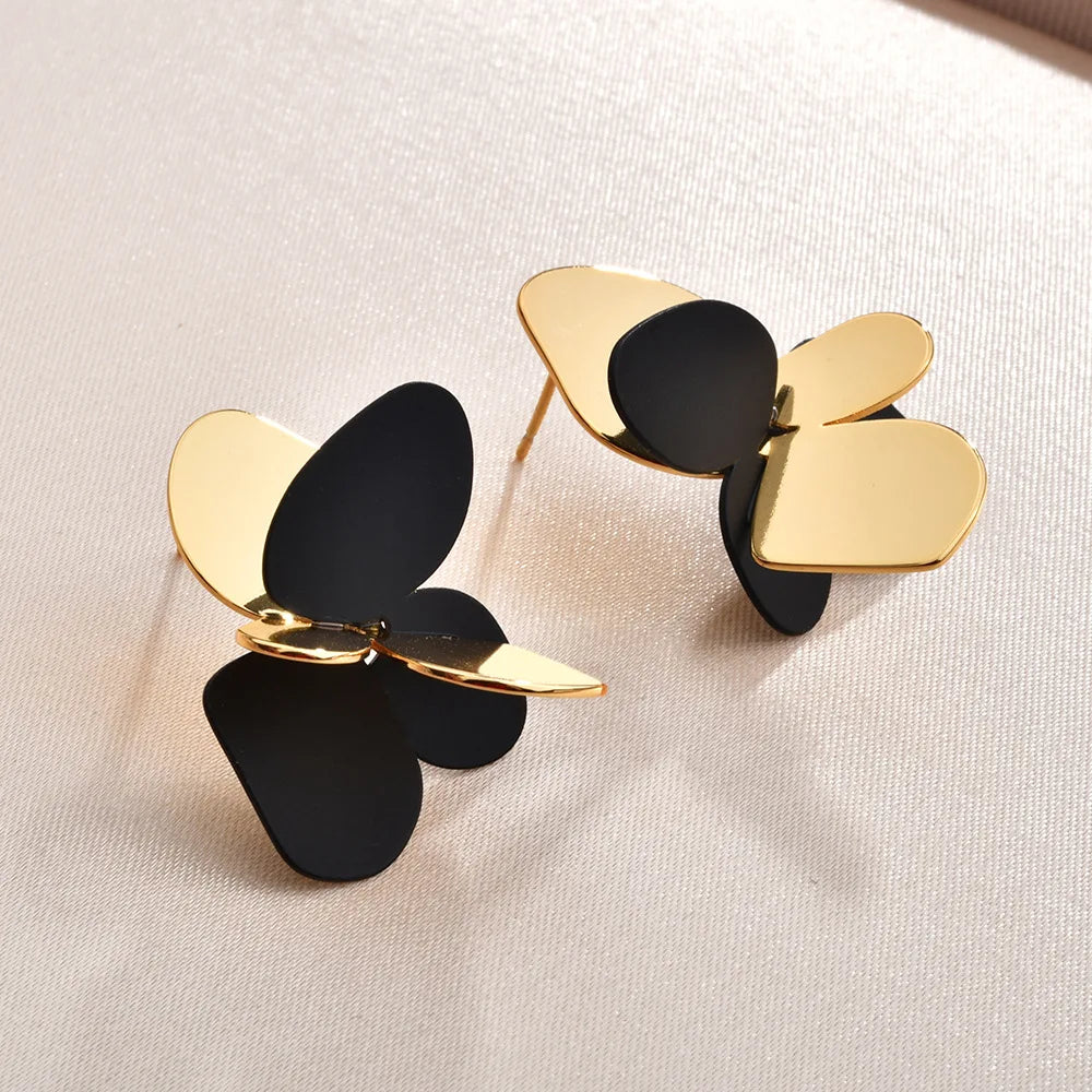 Women's Sweet Cute Butterfly Stud Earrings Irregular Metal Contrast-Color Fashionable Simple Earrings Jewelry Casual Versatile