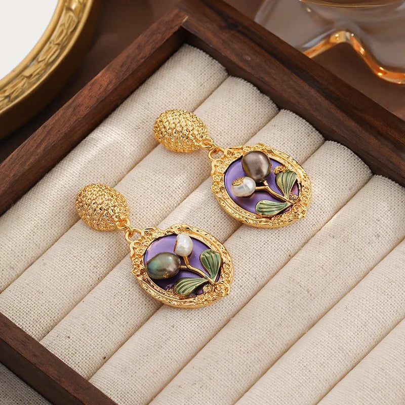 Women S925 Silver Freshwater Pearl 18k Gold-plated Drip Glaze Hand-Painted Graffiti Earring in Stock Jewelry for Female Party