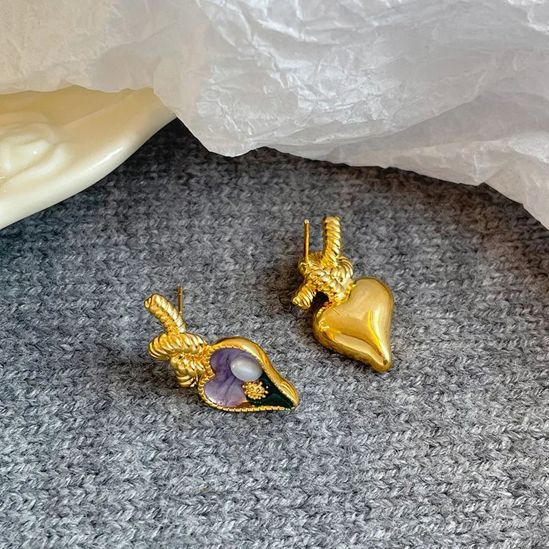 Women Green Purple Heart Shape 18k Gold-plated Pearl S925 Silver Stud Earring Vintage Elegant Low MOQ in Stock Jewelry for Daily