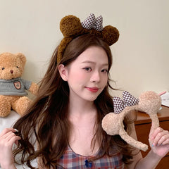 2025 Brand New Cute Sweet Bear Head Band for Girls Kids Plaid Bowknot Fashion Hair Band for Women Ladies Hair Accessories