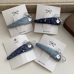 Fashion Cute Snap Clips Blue Fabric Bow Glitter Hair Clips for Women Sweet Design Casual  Hairpin Hair Accessories Wholesale
