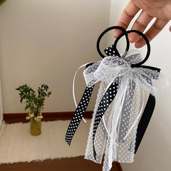 Girls Black White Ribbon Bowknot Small Scrunchies Ponytail Holder Elegant Fashion in Stock Hair Ties for Children Kids Daily Use