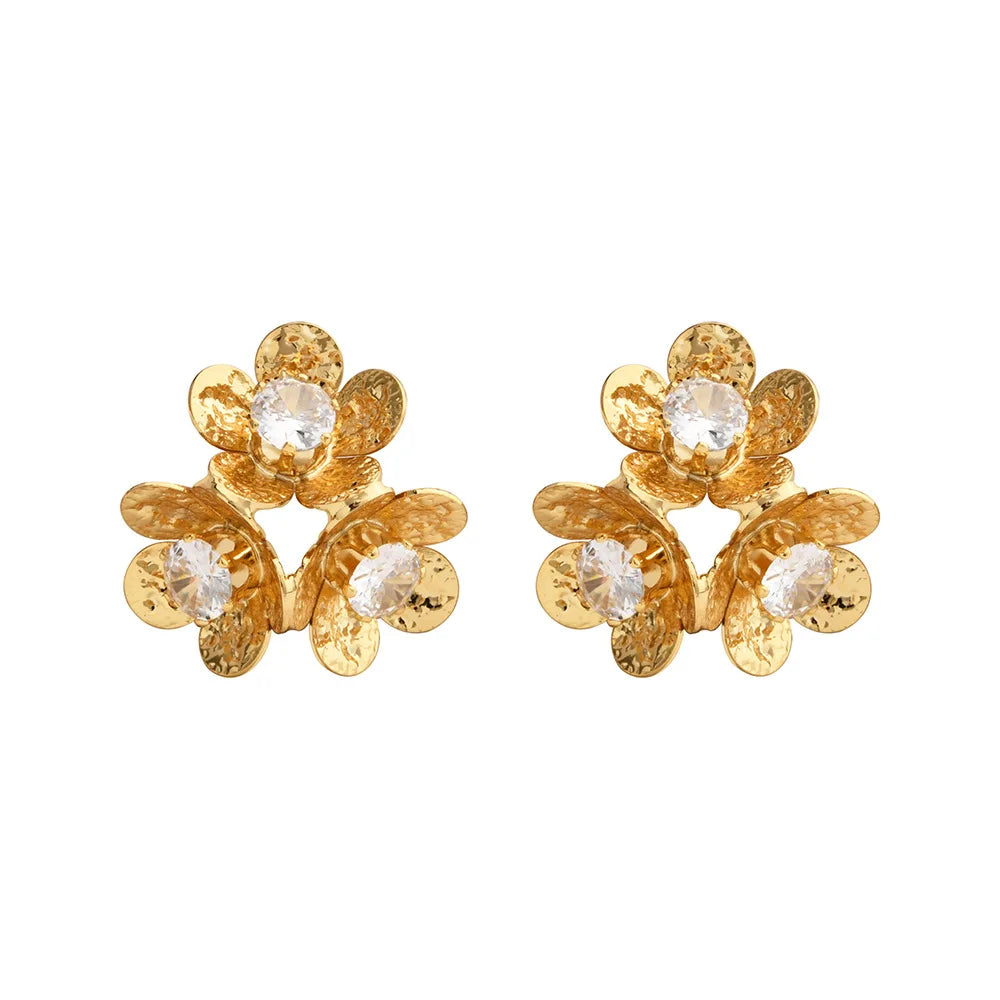 Women's Flower Stud Earrings Solid Color Textured Metal Floral Earring with Crystal Center Elegant Fashion Jewelry Wholesale