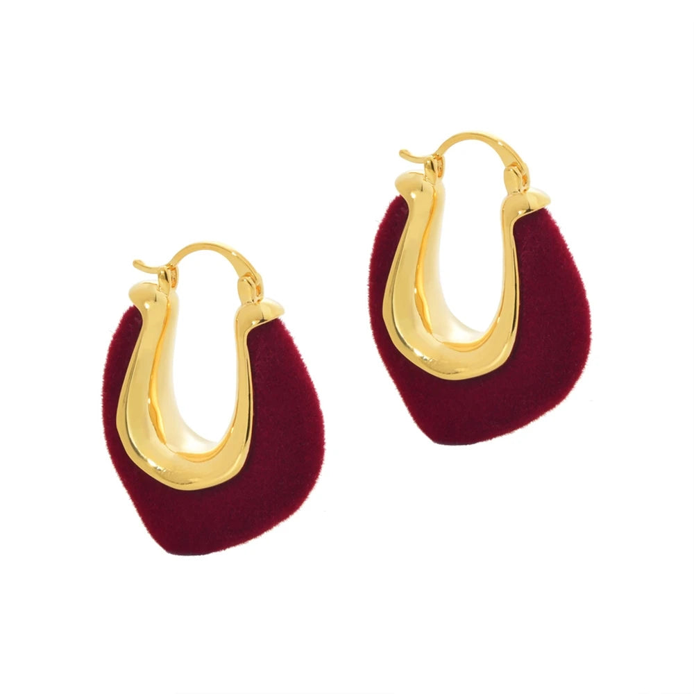 Fashion Flocking Ear Buckles Geometric Solid Colors Ankela Red Earrings Light Luxury High-end Retro Earrings Women Autumn Winter