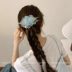 Hot Sale Women's Daily Fashion Hair Ties Solid Pink Blue Flower Scrunchies with Elegant Claws Set Handmade Accessories