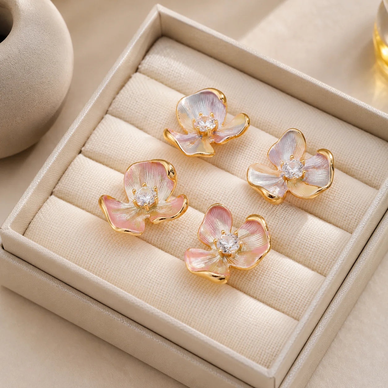 Women Pink Purple Flower Zircon S925 Silver 18k Gold-plated Stud Earring Fashion Elegant Sweet Low MOQ in Stock Causal Jewelry