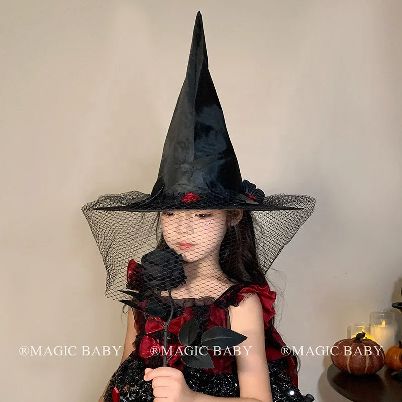 Halloween Witch Hat for Kids Butterfly Skull Spooky Cute Children Costume Party Headwear Trick or Treat Magic Witchcraft Gift
