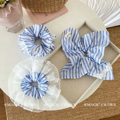 High Quality Elegant Light Blue Female Scrunchies Girls' Cute Large Hair Ties Sweet Style Accessory Stripe Lace High-End Hair