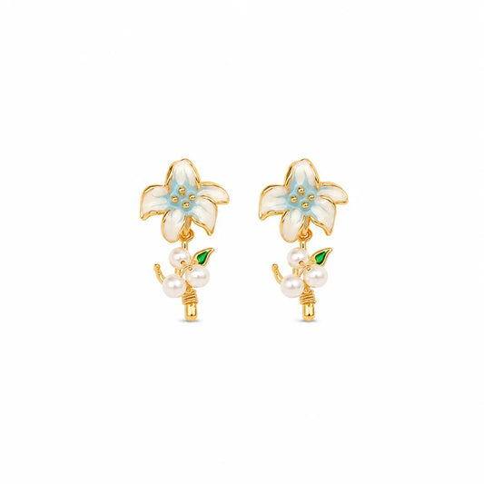 Women Flower Shape Drip Glaze Hand-Painted Graffiti Earring Elegant Freshwater Pearl 18k Gold-plated S925 Silver Daily Jewelry