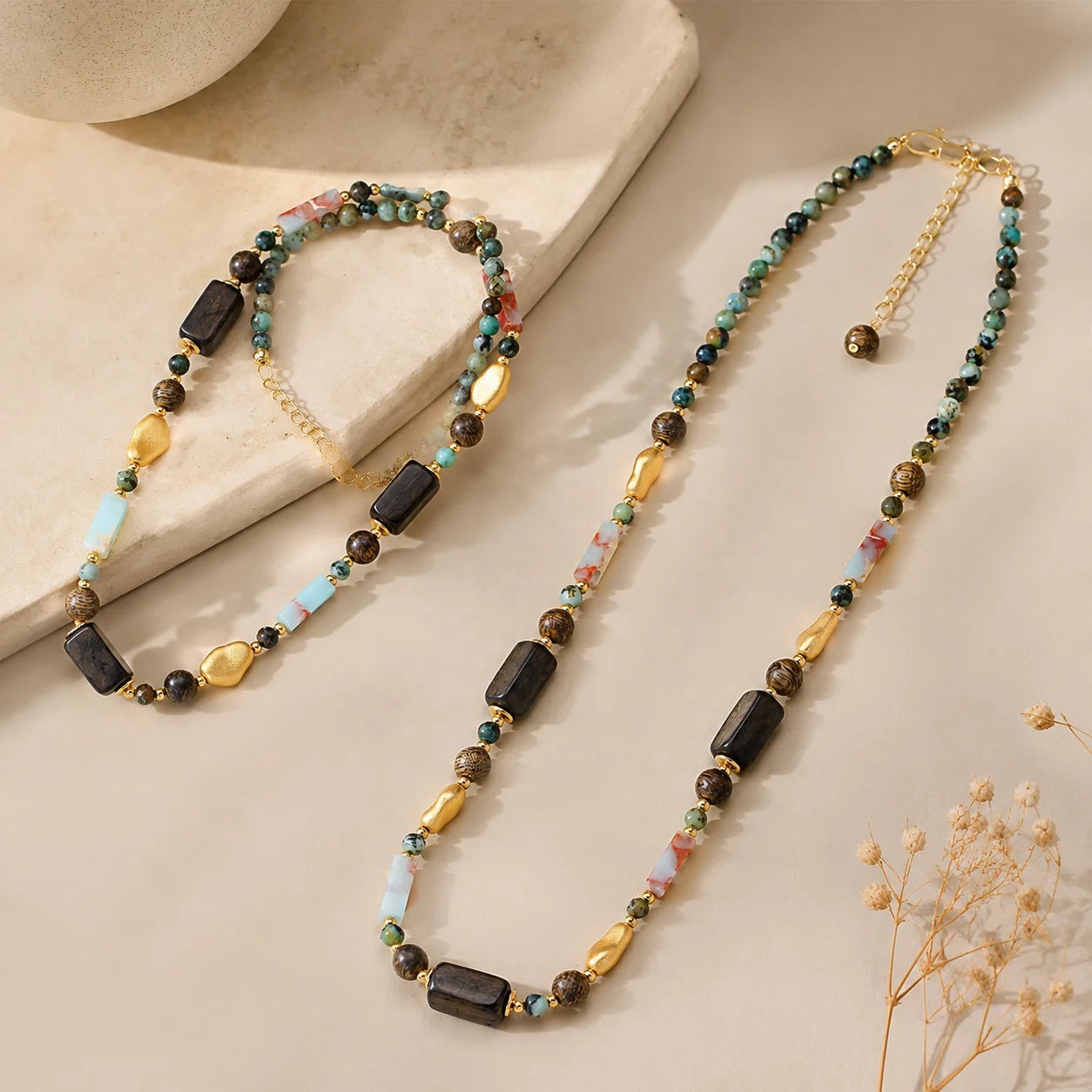 Women Brown Green Natural African Turquoise Jasper Copper Beads Necklace Fashion Vintage Charms in Stock Jewelry for Female