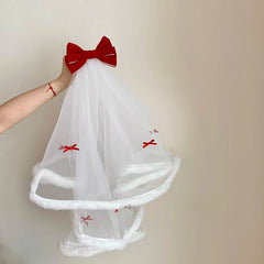 Halloween Red Velvet Bow Plush Veil Hair Clip Princess Bride Fairy Hair Accessories for Women Girls Party Festival Headwear