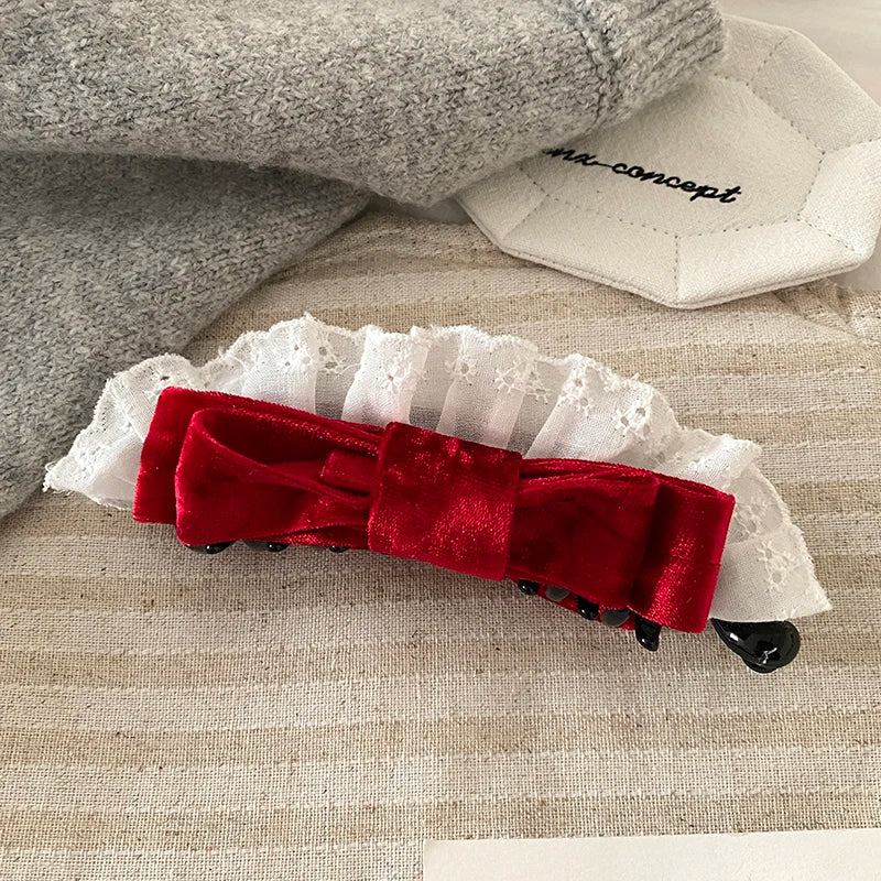 Fashion Bowknot Lace Velvet Durable Hair Clips for Girls Trendy Stylish Banana Clips for Women Ladies Hair Accessories Chic