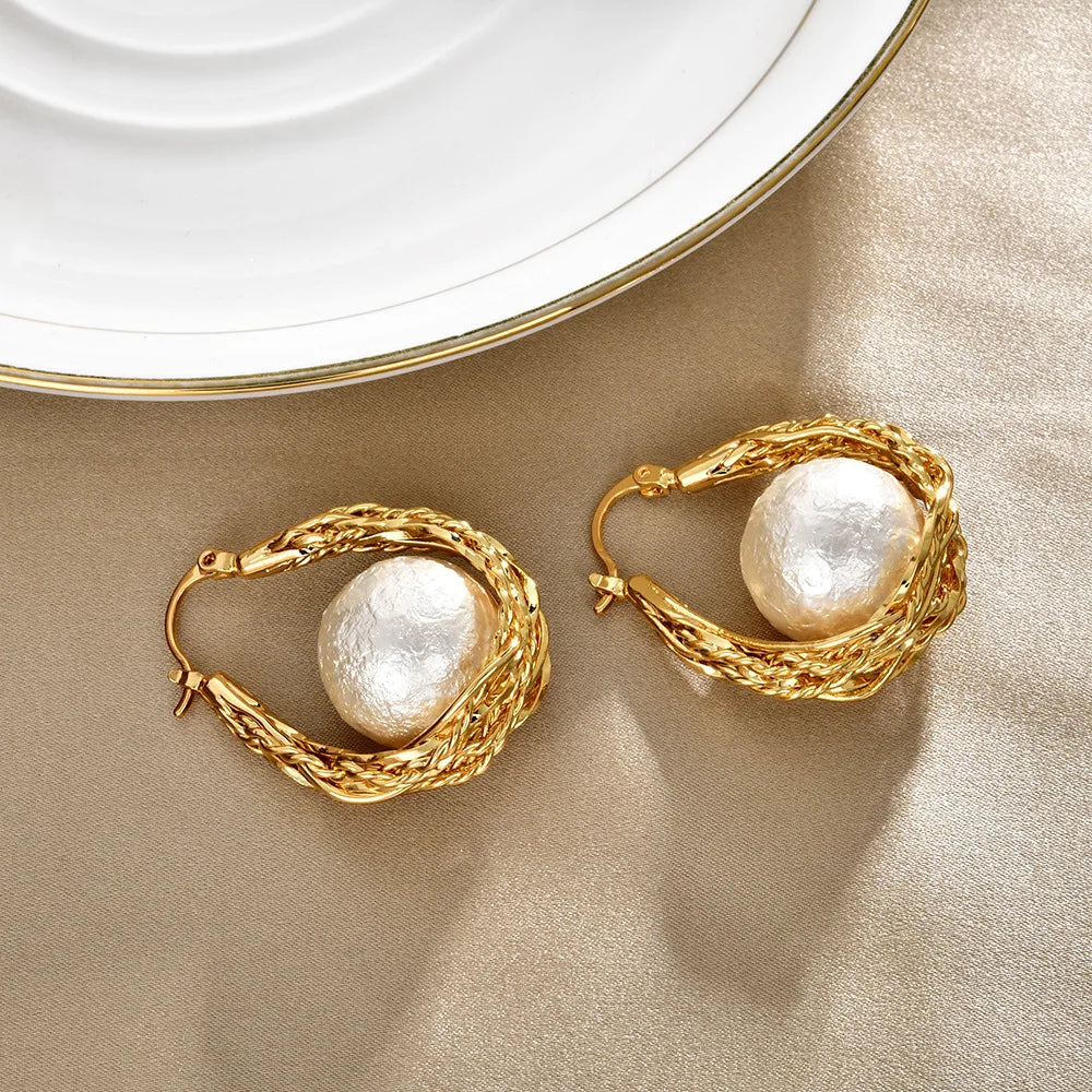 Niche Designer Earring Woven Hemp Pattern Luxury High-end Beads Imitation Pearl Earrings Cold Style Hollow Women's  Earring New